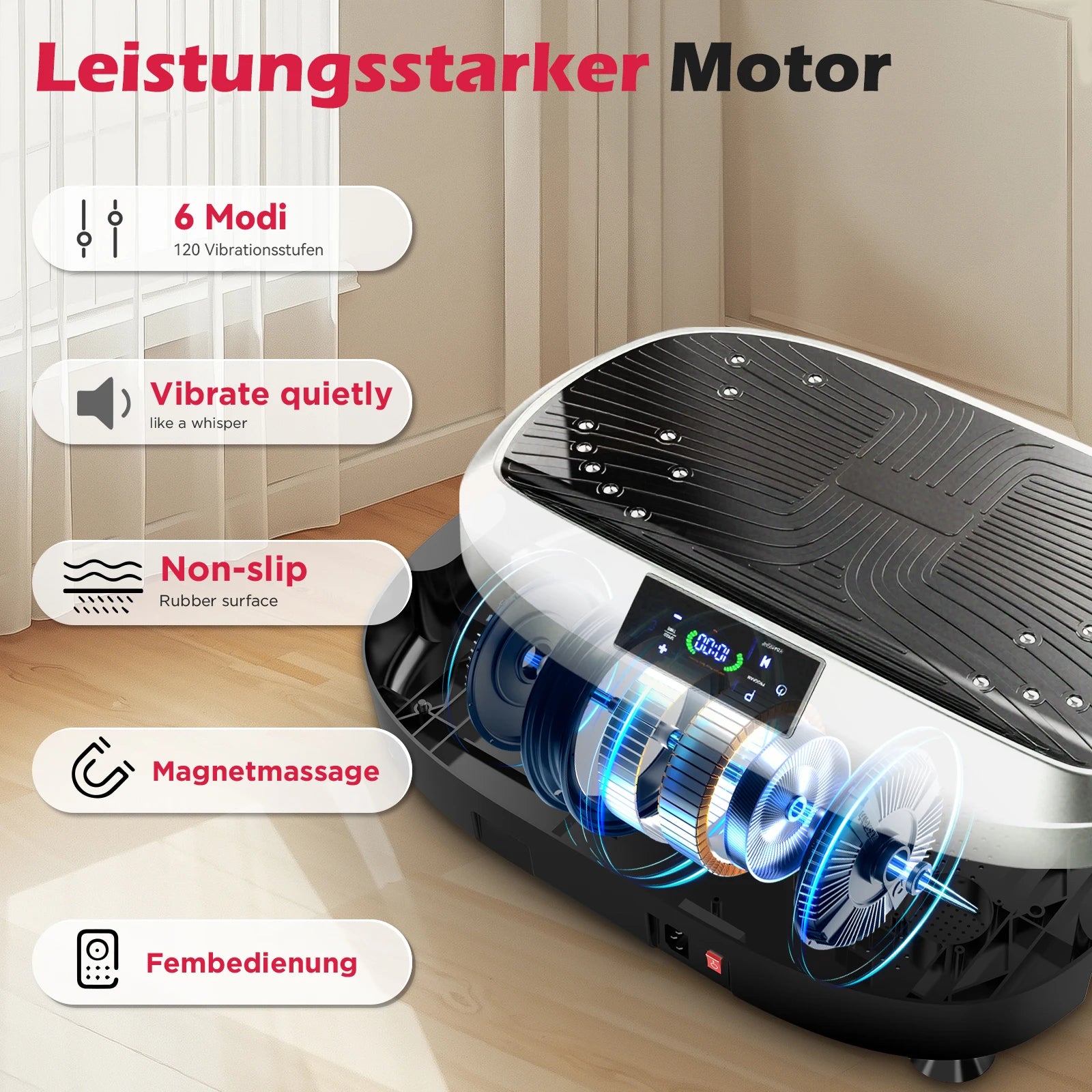 Ganzkörper-Vibrationsplatte mit 6 Trainingsprogrammen, 120-stufiger elektromagnetischer Massage & leisem Motor