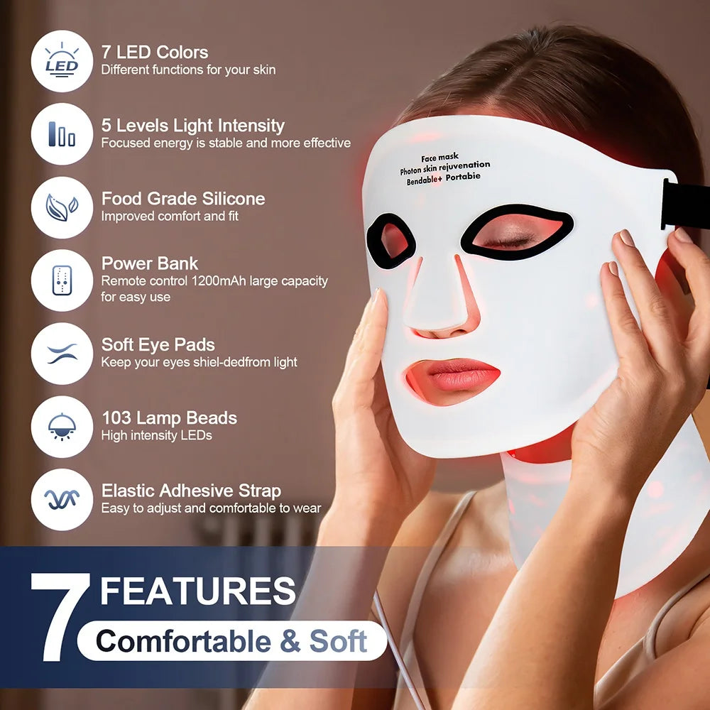 Silikon-LED-Maske mit Hals – 7 Farben Photon-Rotlichttherapie, kabellos