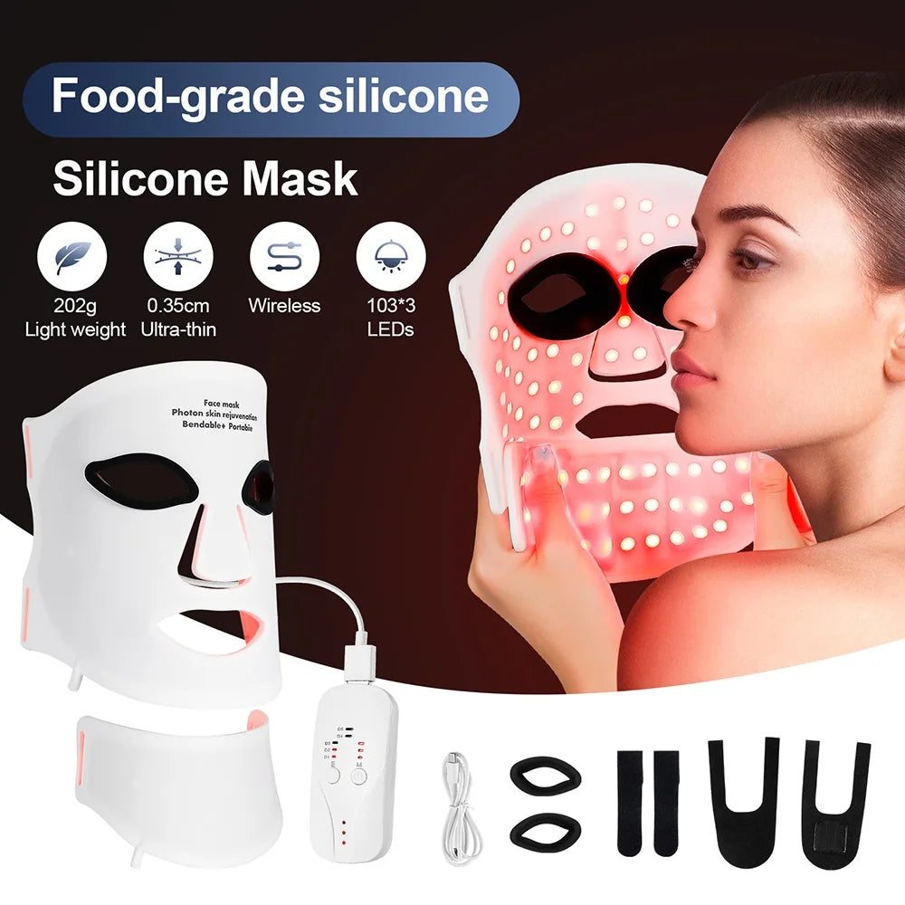 Silikon-LED-Maske mit Hals – 7 Farben Photon-Rotlichttherapie, kabellos