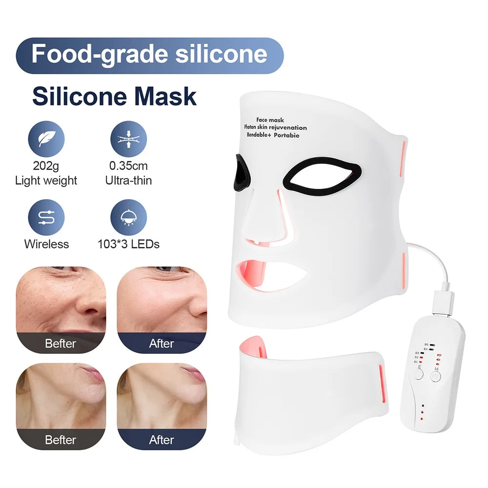 Silikon-LED-Maske mit Hals – 7 Farben Photon-Rotlichttherapie, kabellos