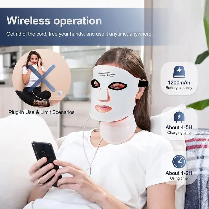 Silikon-LED-Maske mit Hals – 7 Farben Photon-Rotlichttherapie, kabellos