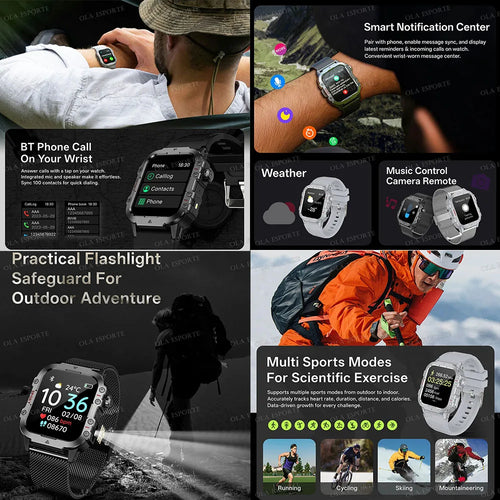 2026 Militär-Smartwatch Herren – GPS, Taschenlampe, 3ATM wasserdicht, Bluetooth-Anruf, 100+ Sportmodi, Outdoor