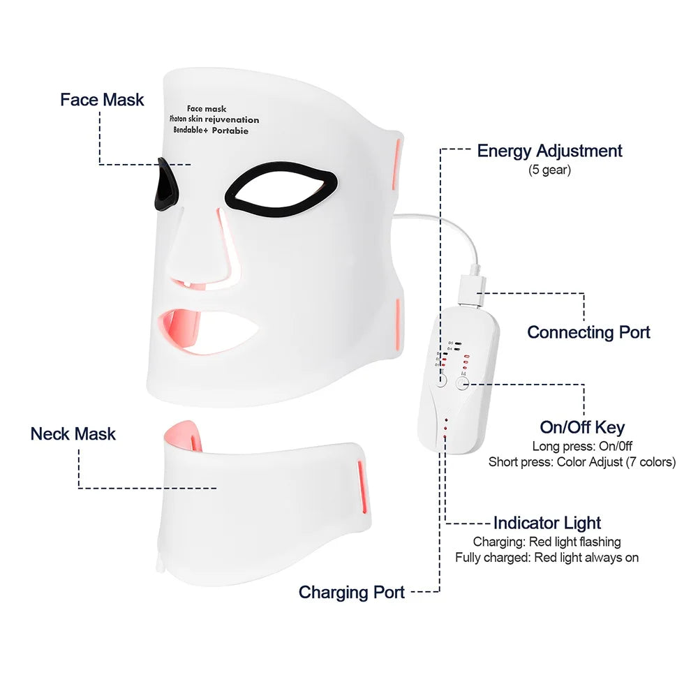 Silikon-LED-Maske mit Hals – 7 Farben Photon-Rotlichttherapie, kabellos