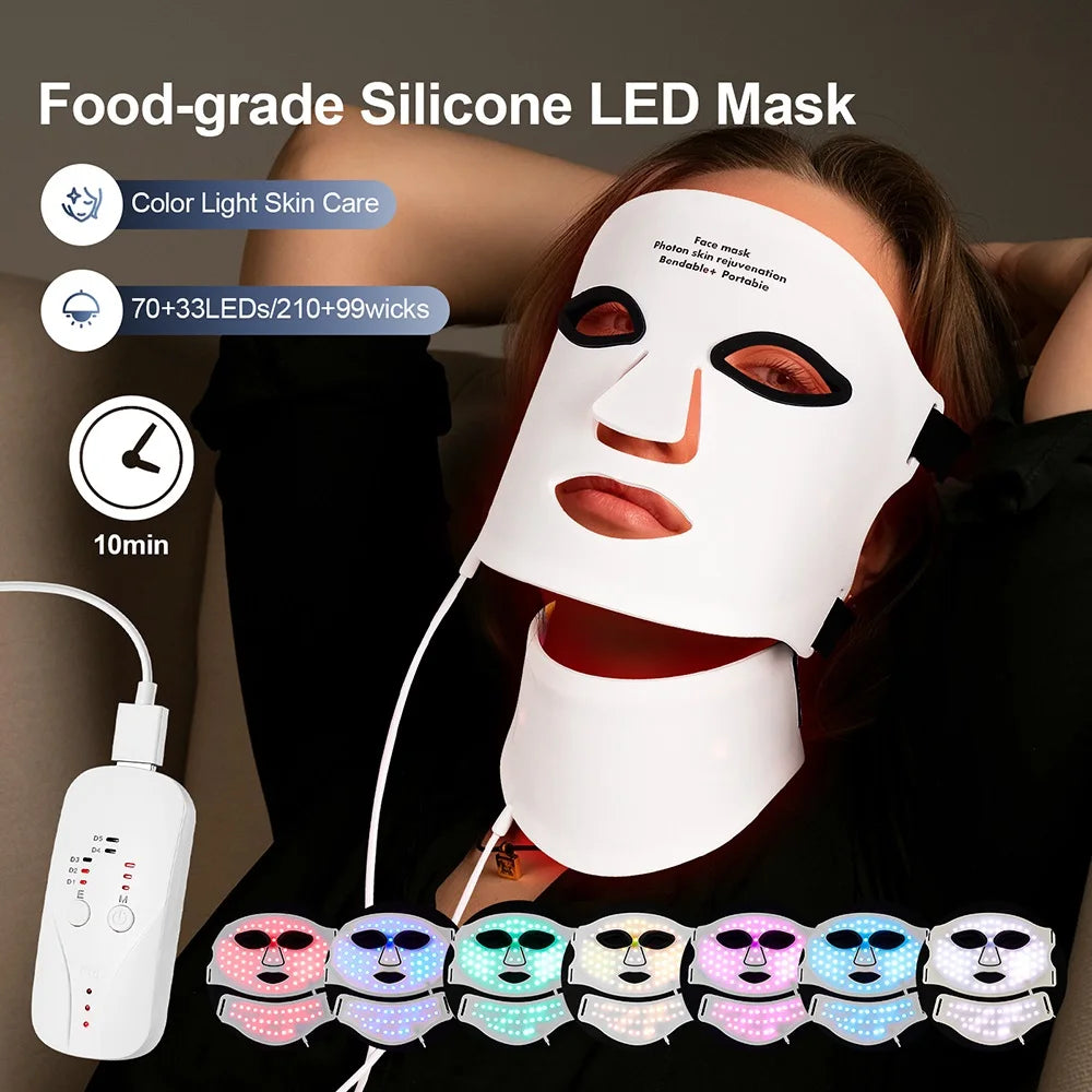 Silikon-LED-Maske mit Hals – 7 Farben Photon-Rotlichttherapie, kabellos