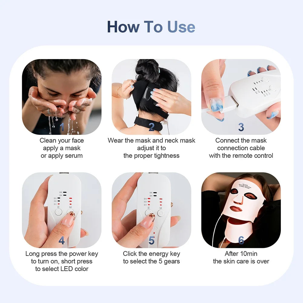 Silikon-LED-Maske mit Hals – 7 Farben Photon-Rotlichttherapie, kabellos