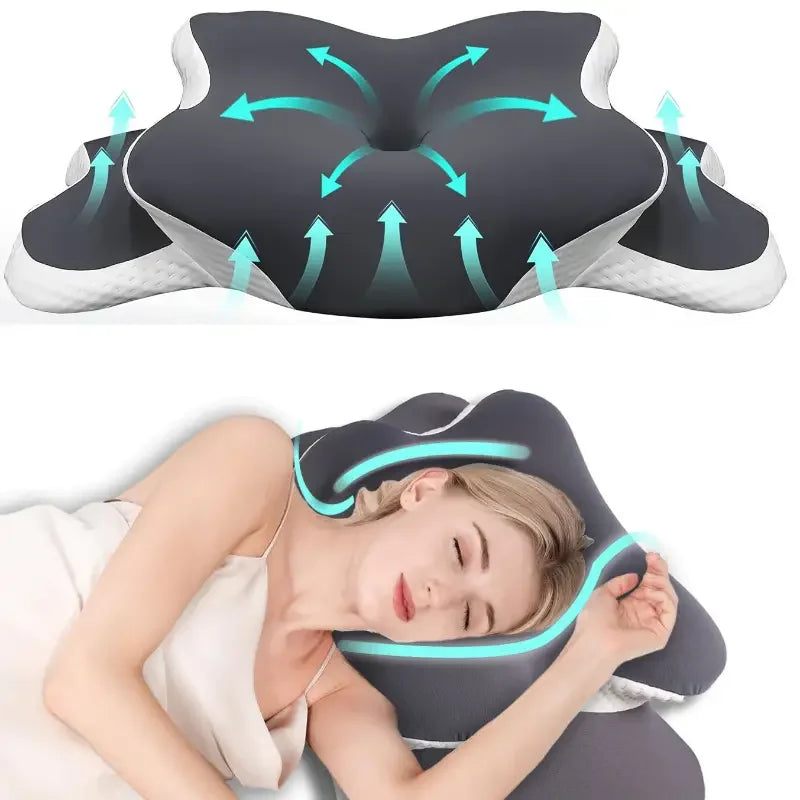 Ergonomisches Memory-Foam Schmetterlings-Nackenkissen, C-Form/verstellbare Doppelhöhe, transparente Abdeckung – Seiten-/Rückenschläfer