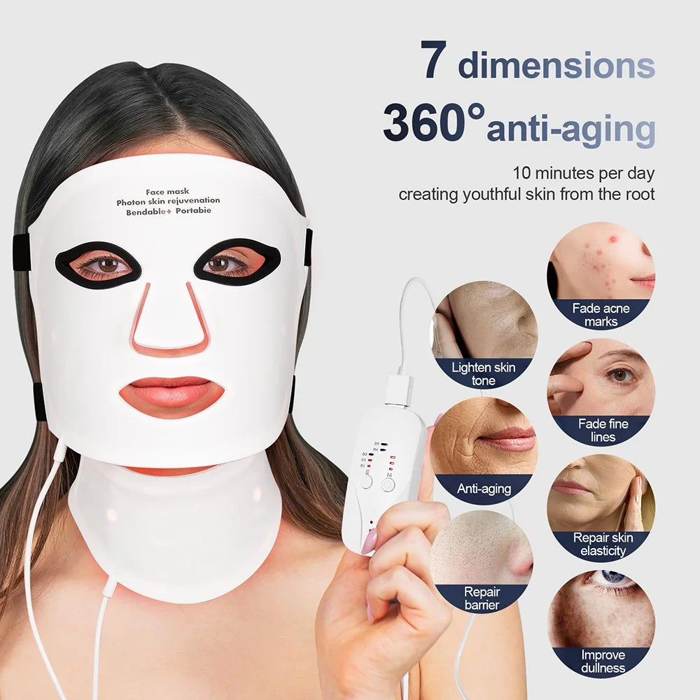 Silikon-LED-Maske mit Hals – 7 Farben Photon-Rotlichttherapie, kabellos