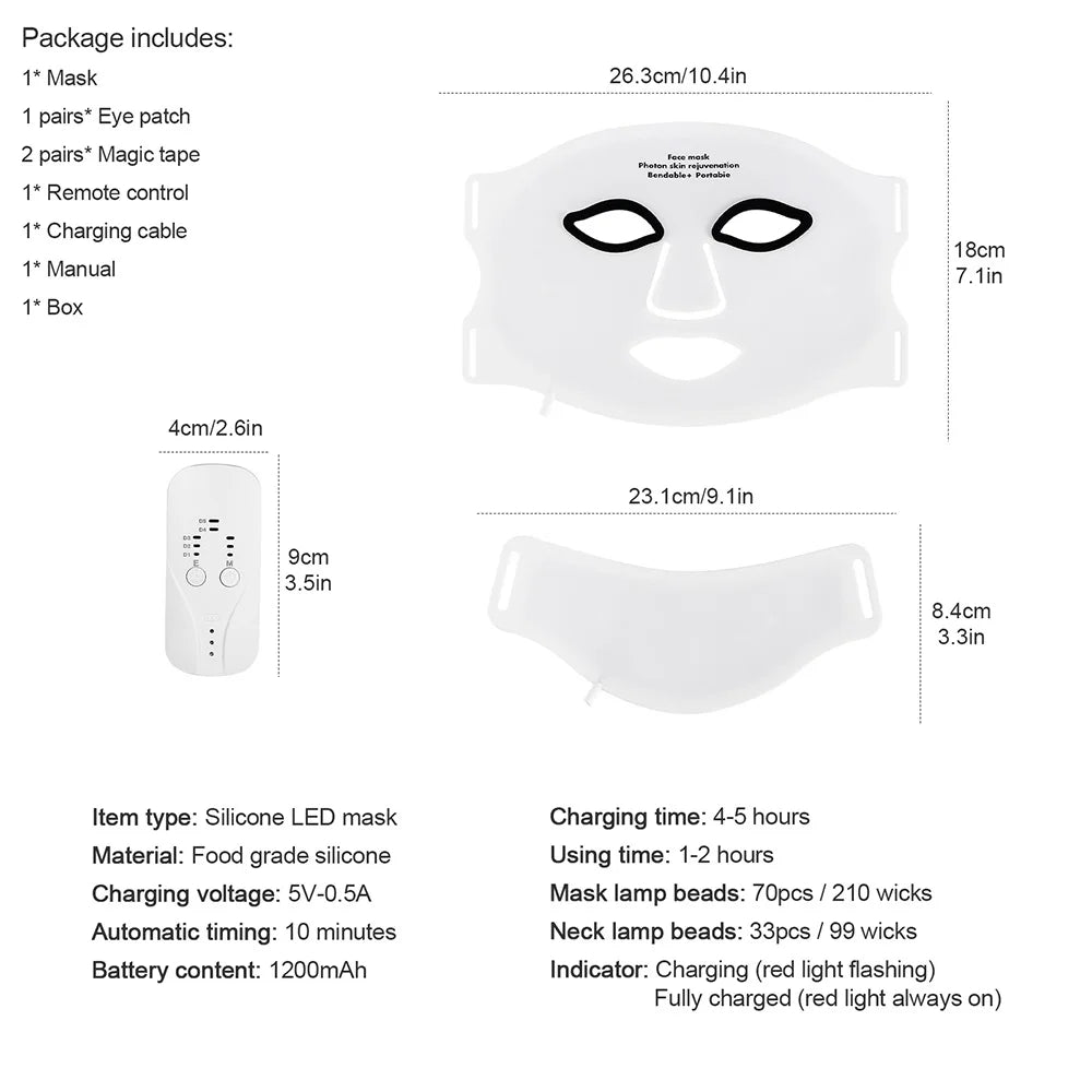 Silikon-LED-Maske mit Hals – 7 Farben Photon-Rotlichttherapie, kabellos
